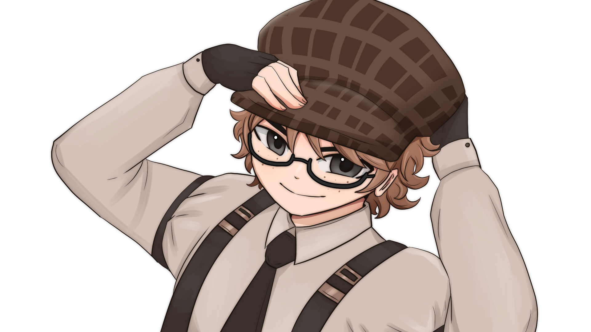 (Image of 1920s writer adjusting a brown hat with a smile. They are wearing glasses.)